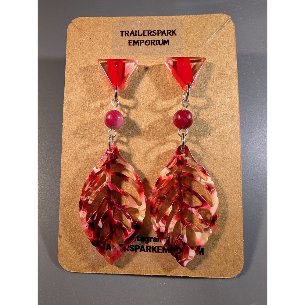 Trailerspark Emporium Red Marbled Acrylic Leaf Drop Earrings Nickel Free